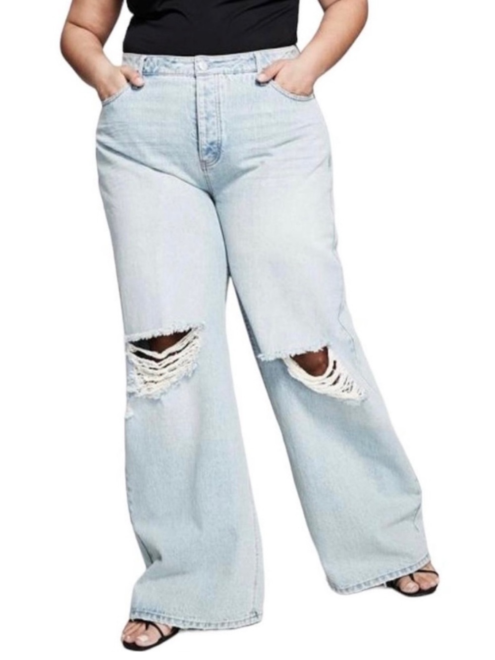 Plus Wide-Leg Distressed Knee Jeans - Light Wash